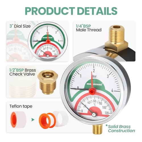Thermal Pressure Gauge, 3 Inch Dial, 0-4 Bar/120°C, Black Steel Case, G1/2 Under-Connection