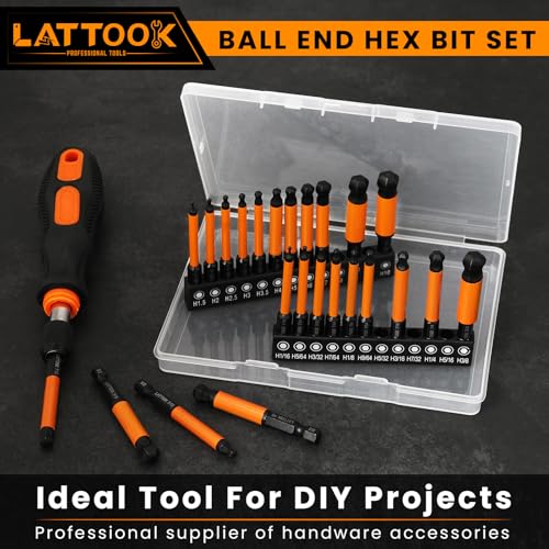 LATTOOK 24-piece metric and SAE ball end hex bit set with quick change bit driver and 2.5-inch hex bits