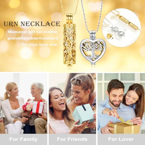 Tree of Life Urn Necklaces for Ashes Heart Shape Cremation Jewelry Memorial Keepsake Jewelry Gifts for Women Men Memorial Lockets Ashes Holder for Pet 2pcs-Silver gold
