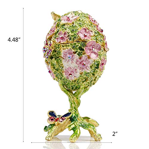 Hand Painted Cherry and Bee Faberge Egg Jewelry Trinket Box Hinged Gifts Green&Pink