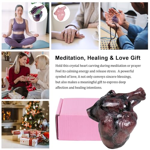 Garnet Heart Crystal Figurines, 2.1 Inch Crystal Heart Love Statue for Home Decor, Meditation and Stress Relief, Hand Carved Natural Healing Stone Cardiac Sculpture Spiritual Gift for Women Garnet Heart