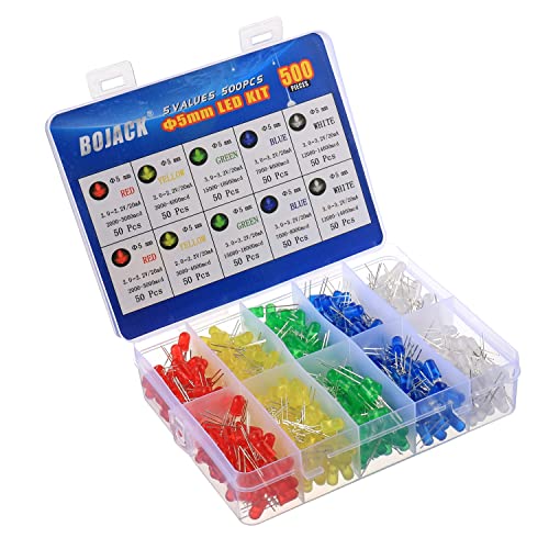 BOJACK 5 Colours 500 Pieces 5mm LED Diodes Assortment Kit Pack Bulb Lamps Electronic Components 5mm Light Emitting Diodes 5 colours 500P