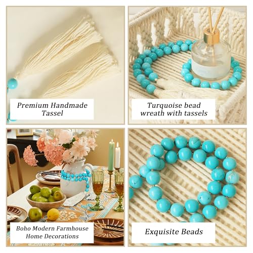 Gemstone Bead Garland with Tassel,31inch Farmhouse Rustic Country Table Decor Prayer Healing Beads Boho Wall Shelf Hanging Decoration (Turquoise Ball) Turquoise Ball