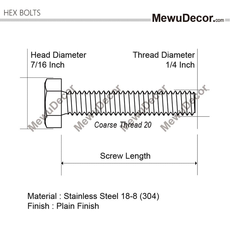 [Australia - AusPower] - 1/4-20 x 3/4" Hex Head Cap Screws Hexagon Bolts, External Hex Drive, Stainless Steel 304, UNC Coarse Thread Fully Threaded, 50 PCS 1/4-20 x 3/4" 