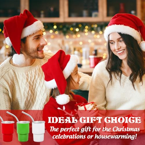 Whaline 12 Pack Christmas Mini Tumbler 3oz Mini Shot Glass Xmas Red Green White Stainless Steel Insulated Sublimation Cups with Lids Straws for Holiday Birthday New Year Party