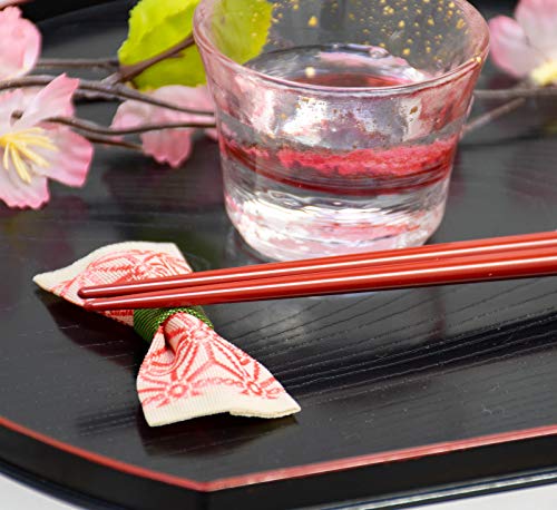 Wajima Urushi Lacquered Wooden Chopsticks & Rest Set in Gift Box: Red Sakura (Cherry Blossom) Chopsticks with Kurashiki Ribbon Rest [Made in Japan]