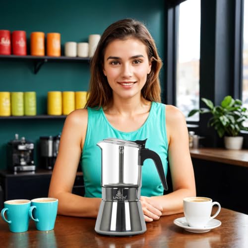 LAOION 6-cup silver stovetop espresso and Moka pot for Cuban coffee, 240ml capacity, designed for stovetop brewing.