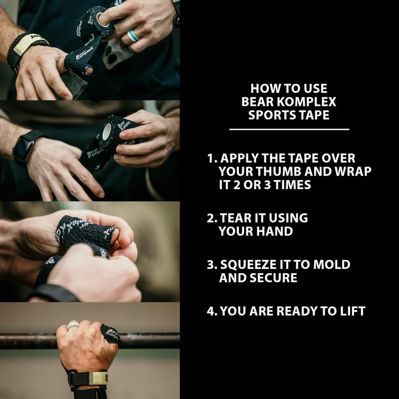 Bear Komplex Athletic Sports Tape, 4 or 12 Pack of Premium Adhesive Wrap, 5 cm Tape, Sweatproof, Breathable, and Non-Slip for Lifting, and Hook Grip, Hypoallergenic and Latex Free Black 4 Count