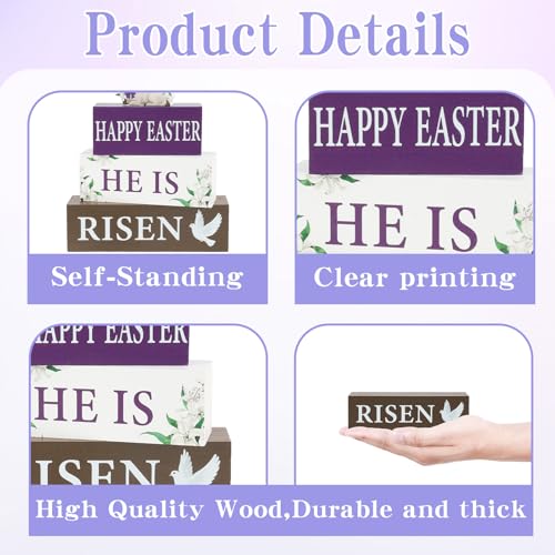 4 Pcs He Is Risen Wooden Table Sign Christian Table Centerpiece Religious Cross Easter Tiered Tray Decor Rustic Farmhouse Wooden Stack Block Signs for Home Kitchen Shelf