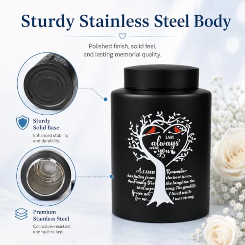 Up to 140 lbs Medium Urns for Human Ashes Adult Female Male, 7.3 Inch Cremation Urn for Human Ashes, Decorative Stainless Steel Funeral Memorial Sharing Urn with Two Cardinal Birds, Black