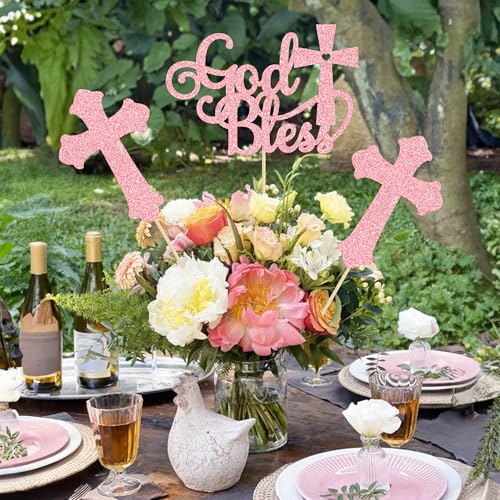 Gyufise 12Pcs God Bless and Cross Centerpiece Sticks Double Sided Cross God Bless Table Flower Centerpieces Sticks First Communion Baptism Decorations for God Bless Theme Party Supplies Pink