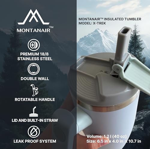 MONTANAIR® Original 40oz Stainless Steel Double Wall Vacuum Tumbler with Rotatable Handle, Lid and Built-In Straw | Insulated | Fits in Cup Holder | Leak Proof | BPA-free (PINK) Pink