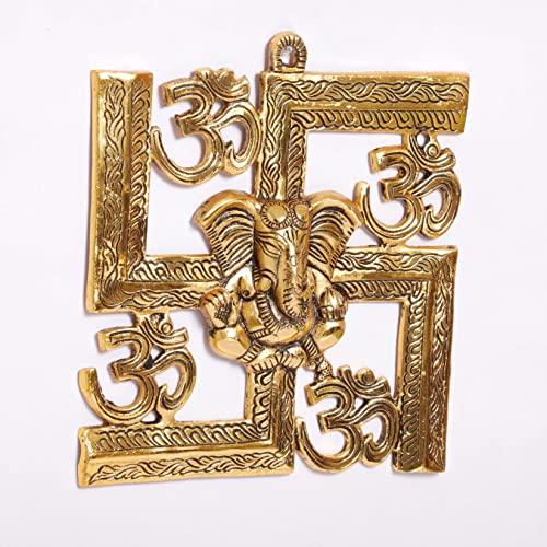 KridayKraft Ganesha Metal Statue,Ganpati Wall Hanging Sculpture,Metal Swastik Ganesha Murti Lucky for Home & Office, Gold