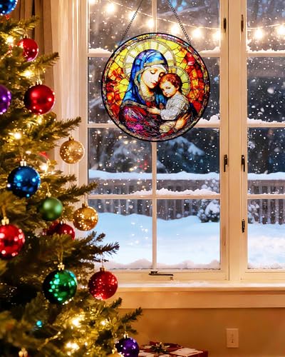 8” Round Stained Glass Suncatcher for Windows Hanging - Virgin Mary & Baby Jesus Design | Sun Catchers Indoor Window Decor & Christian & Catholic Wall Art, Religious Gift for Mother/Mom