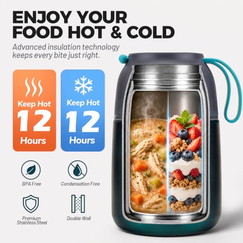 Insulated Thermo Food Jar for Hot & Cold Food for Kids Adult, 17&24 oz Soup Thermal Hot Food Containers for Lunch, Triple Layer Insulation Stainless Steel Food Jar with Spoon(2 Pack Green) B-2 Pack-Dark Green