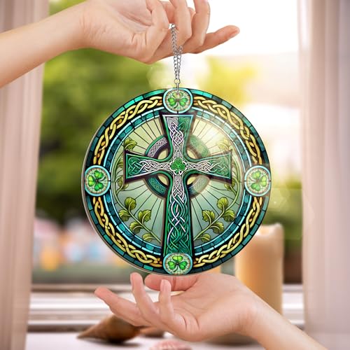 FLAGWIX Irish Gifts for Women, Celtic Cross Suncatcher Ornament 8 in Green - Celtic Cross