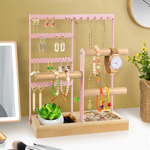 Godboat Jewelry Stand - 48 Holes Earring Holder, 4-Tier Necklace Organizer Pink