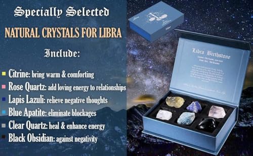 Faivykyd Libra Crystals Gift - 6 Libra Zodiac Natural Stones w/ 50 Miracle Mantras Affirmation Cards, Healing Astrology Gifts for Promoting Positive Energy, Self-Care, Love & Wealth Libra - Motivational