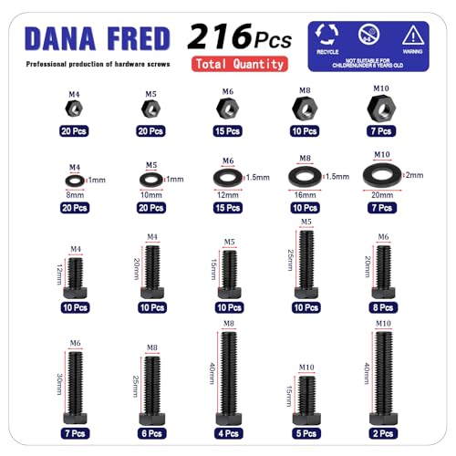 DANA FRED 216-piece black nylon hex screw, nut and washer kit, M4-M10 metric assortment for PCB boards