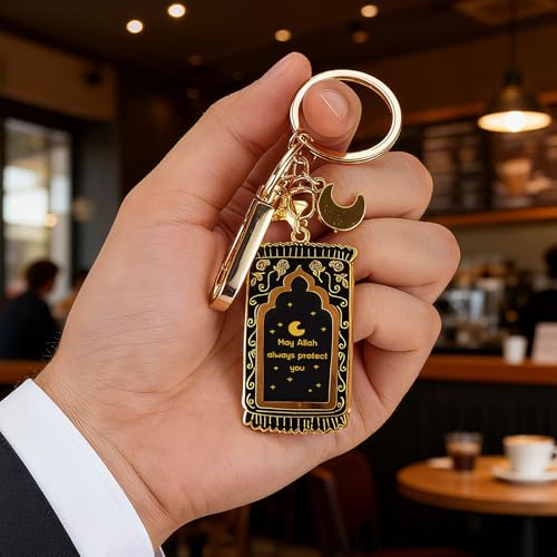 Islamic Keychain - Gold-Plated Enamel Muslim Keychain with Quran Verse and Charms, Islamic Gifts for Women or Men Black