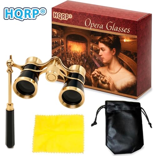 HQRP 3 x 25 Opera Glasses Theater Binoculars, Black with Gold Color Trim, w/Built-in Extendable Handle, Crystal Clear Optics (CCO), for Adults Kids Women in Musical Concert, Gift Box