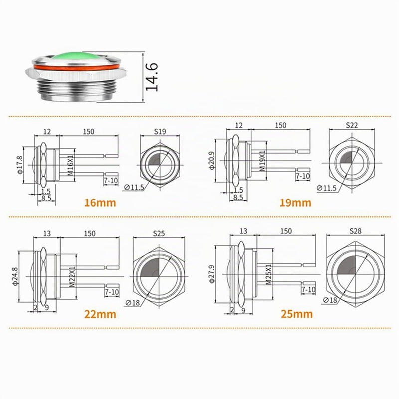 16 mm LED Indicator Light 230 V Metal Indicator Lights Red | Waterproof LED indicator lights, signal lamp, energy saving indicator, several colours and sizes 6-25 mm available 16MM AC/DC220