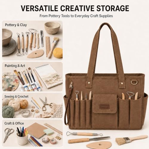 Picsurs brown pottery tool bag with multiple pockets for clay tools and art supplies