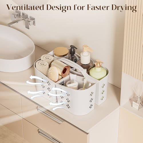 Portable Shower Caddy with Handle, Large Capacity Shower Basket Organizer, Quick-Drain Bathroom Storage Tote, Durable Plastic Shower Organizer for College Dorm, Beach, Gym, Travel Essentials, White