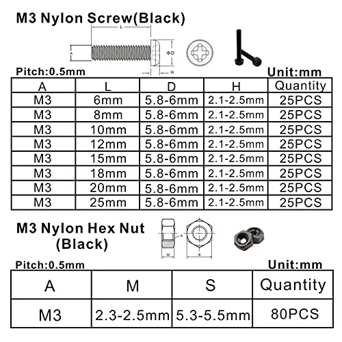 HVAZI M3 black nylon Phillips pan-head screws, nuts and washers assortment kit