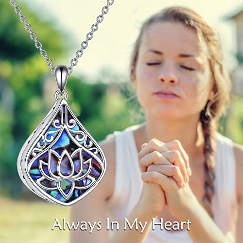 POPLYKE 925 Sterling Silver Lotus Sunflower Hummingbird Necklace Teardrop Abalone Necklace or Cremation Jewelry for Women Birthday Christmas Gifts Lotus Abalone Urn Necklace for Ashes