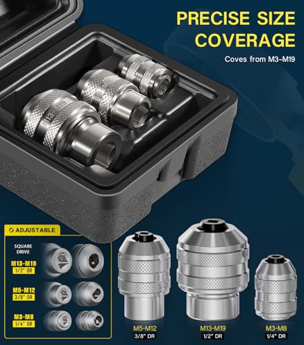 Adjustable Tap Socket Set, 3-Piece Low-Profile Tap Holder for Ratchet Wrench, 1/4", 3/8", 1/2" Drive, Fits Taps/Reamers/Extractors with Square Shank M3–M19, Heavy-Duty CR-MO Steel for Pros & DIY