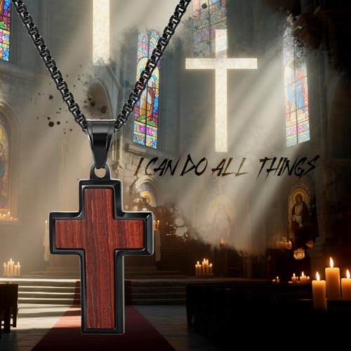 Flongo Cross Necklace for Men – Black Wood and Stainless Steel Christian Necklace Engraved with Bible Verse Philippians 4:13 “I can do all things through Christ”, Philippians Cross Pendant Black