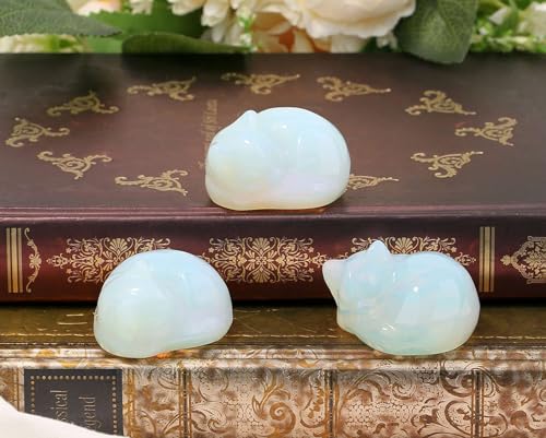LAIDANLA Opal Sleeping Cat Statue Healing Crystals Moonstones Hand Carved Cute Kitten Figurine Sculpture 1.6" Opalite White Gemstone Decor Polished Stone Reiki Office Desk Home Decoration Gifts B-opal