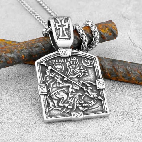 LOBON Christian Necklace Stainless Steel Saint George Pendant for Men Women Religious Talisman Necklace Jewelry (2.8 x 1.6 in, 2.58 oz)
