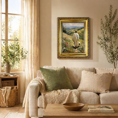 Jesus and Lamb Framed Canvas Wall Art Good Shepherd Lost Sheep12x16in Jesus Sheep Framed 16"L x 12"W