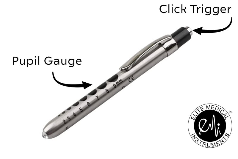 [Australia - AusPower] - EMI 2 Pack - Stainless Steel Diagnostic Pen Lights with Pupil Gauge and Click Trigger - Silver EPL-935-2 Medical Penlights 