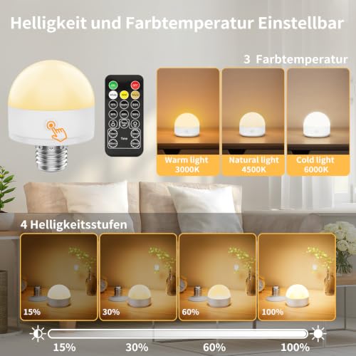 Pack of 2 Rechargeable Light Bulbs with Battery, E27 LED, 3 Colours, Dimmable | Removable battery bulb with remote control and timing for non-wired decoration lamps 2 Stück