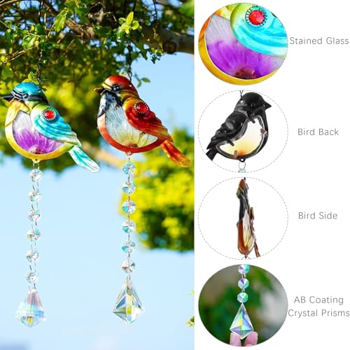 Stained Glass Bird Suncatchers with Crystal Prisms, Rainbow Light Effect Window Hanging Ornament for Christmas Tree, 21.2 Inch Length, Set of 2