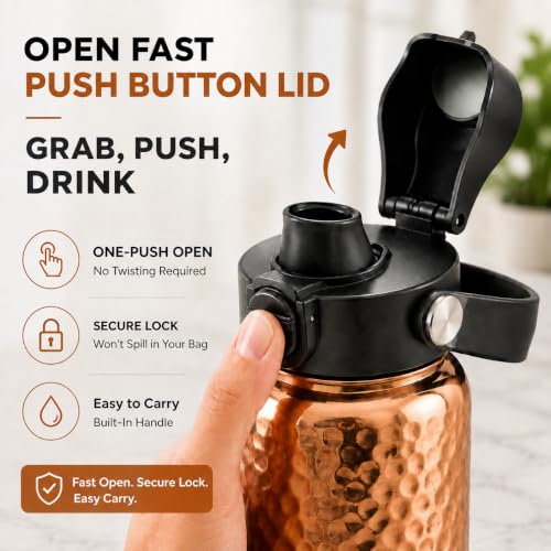 Kamojo Copper Water Bottle 32 oz, Push Button Lid, 100% Copper Cup, Straw & Insulating Sleeve for Drinking Water, Handcrafted Ayurvedic Design Black