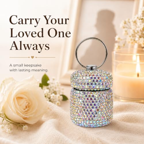 Sparkling Rhinestone Keychain Urn for Ashes, 1.8 Inch Stainless Steel Mini Cremation Urn Keychain for Human or Pet Ashes, Keepsake Memorial Holder, Silver Sliver