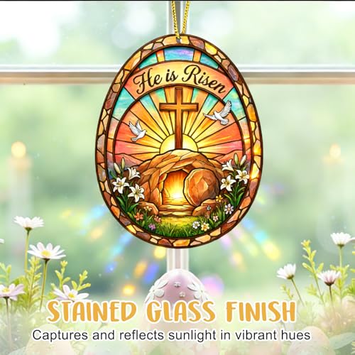 WaaHome Easter Egg Ornament for Tree Decorations - He is Risen Cross Easter Decor - Religious Gifts for Women Men Kids, Catholic Gifts, Stained Glass Egg Ornament and Easter Basket Stuffers