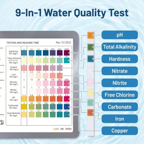 Aquarium Test Strips 100 Pieces 9-in-1 Water Test with Thermometer | 100pcs Aquarium Test Strips for 9 Water Values with Test Tube and Thermometer for Freshwater and Saltwater Aquariums
