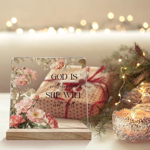 Inspirational Rustic Christian Desk Decor Gifts for Women, God is Within Her She Will Not Fall Motivational Gifts