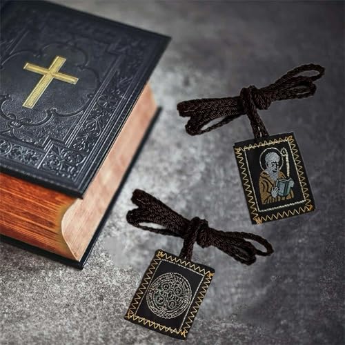 St Benedict Red Scapular Necklace, 2-Pack, Brown Cord, Catholic Escapulario Saint Benedict Medal Pendant Rear View Mirror or House Blessing Hanging Charm 2PCS Brown