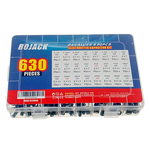 BOJACK 24 Value 630 Pieces Capacitor Electrolytic Capacitor Assortment Kit Including Model Number 0.1uF-1000uF