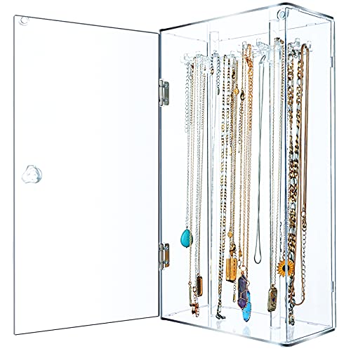 Acrylic Necklace Holder Stand,Clear Necklace Organizer with 24 Hooks,Dustproof Rotation Jewelry Storage Holder,Enclosed Long Necklaces Display Rack Pendant Bracelets Display Case Jewelry Display Box Square