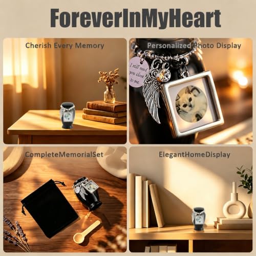 Small Keepsake Cremation Urn for Human or Pet Ashes, 2.75" Mini Memorial Urn with Photo Frame, Velvet Bag and Filling Spoon, Small Sharing Urn for Ashes, Black