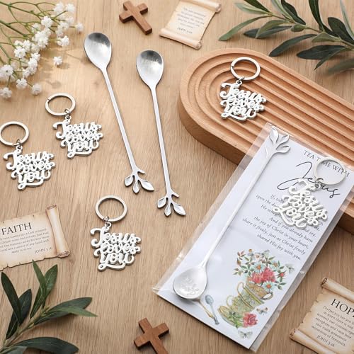 24 Sets Christian Tea Party Favors for Women 6.5" Jesus Teaspoons with Prayer Cards Jesus Loves You Keychains Family Reunion Gifts Christian Gifts for Church Events Tea Party (Silver) 24 Silver