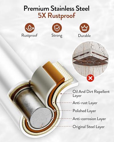 Orimade Corner Shower Caddy with 2 Hooks Wall Mounted Metal Bathroom Shelf Storage Organizer Adhesive No Drilling 2 Pack, White Only for 90-Degree Corner 2 Tier