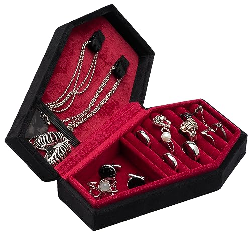 Velvet Coffin Jewelry Travel Case Holder for Gothic Wedding Ceremony Jewelry Organizer Decoration (Black and Red) Black and Red
